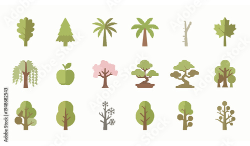Modern flat tree icon set with different forest and garden trees isolated on white background vector collection