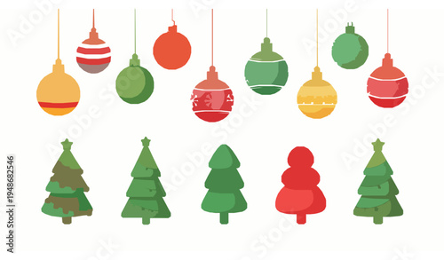 Cute hanging Christmas ornament and Christmas tree icon set with festive holiday decorations isolated on white background
