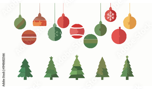 Hanging Christmas ornaments and Christmas tree icon set with festive holiday decorations isolated on white background