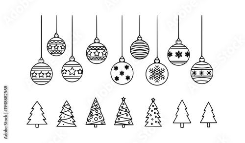 Minimalist outline hanging Christmas ornament and Christmas tree icon collection isolated on white background