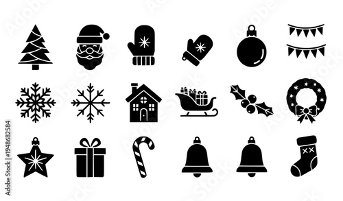 Bold solid Christmas glyph icon set with santa tree sleigh wreath and winter holiday symbols isolated on white