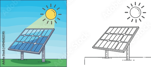 Solar panel and sun vector illustration. Renewable energy concept with colorful landscape and black and white line art versions.