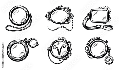 Hand-drawn collection of vintage monocles and magnifying glasses featuring ornate frames, chains, and steampunk elements for a classic aesthetic.