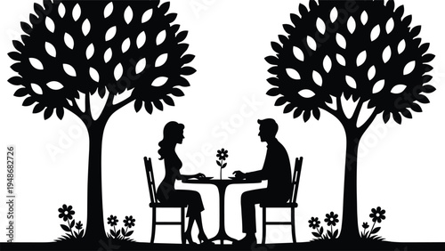 Romantic couple silhouette sitting at table under tree, outdoor dinner date scene, love and relationship concept vector illustration isolated on white background