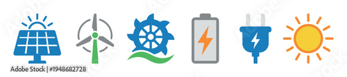 Collection of colorful icons representing renewable energy sources and sustainable power generation, including solar, wind, and hydro.
