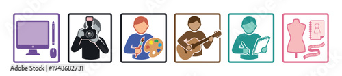 Collection of six colorful square icons represents diverse creative professions such as digital art, photography, painting, music, writing, and fashion design.