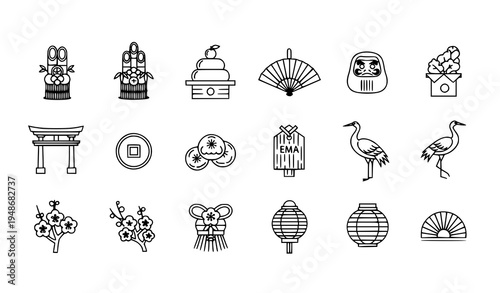 Minimalist outline Japanese New Year icon set with traditional Japan celebration symbols isolated on white