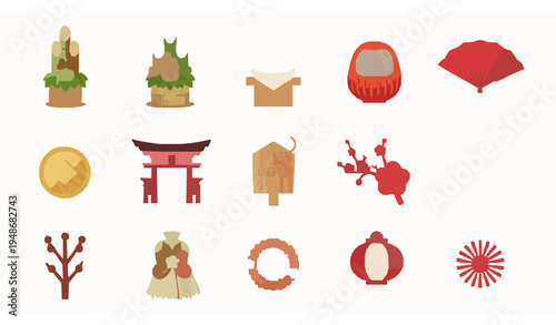 Japanese New Year icon set with traditional holiday symbols isolated on white background vector collection