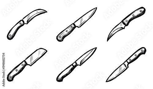 Collection of six hand-drawn sketch illustrations depicts various types of kitchen and utility knives with different blade shapes.