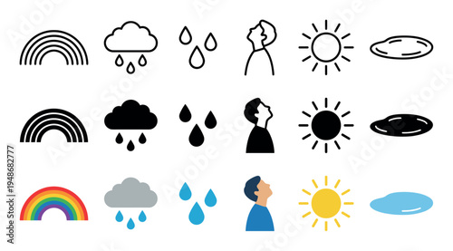 Collection of diverse weather icons depicting various atmospheric conditions and natural phenomena in different styles.