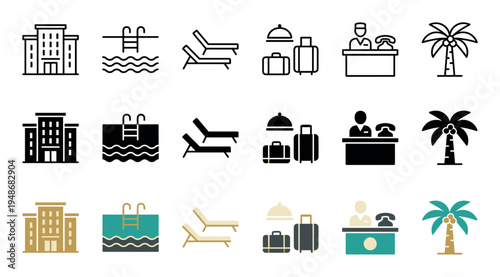 Hotel and travel icons featuring various symbols like buildings, swimming pools, lounge chairs, luggage, and reception desks in multiple styles.