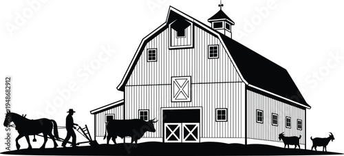 Rural farm barn silhouette vector with farmer plowing field using horse, livestock animals and countryside agriculture scene isolated on white background illustration