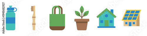 Collection of flat design icons representing eco-friendly products and sustainable living concepts for environmental protection and a greener future.