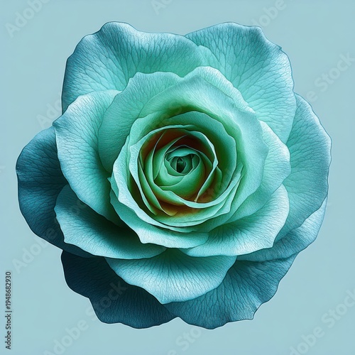 Close-up top-down view of a single teal rose bloom with layered textured petals on a soft pale blue background, serene and elegant