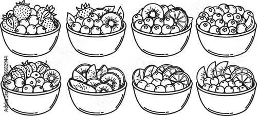 Eight bowls filled with a variety of different fruits in a black and white illustration Vector