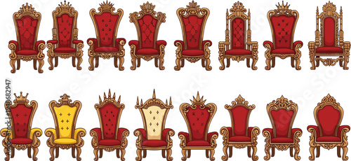 Royal throne chair collection with ornate king and queen seats, luxurious red velvet antique furniture for palace interior and medieval royalty vector illustration set