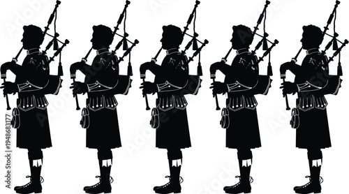 Scottish bagpiper silhouette set, traditional Scotland musician playing bagpipes in classic Highland dress and kilt, black vector illustration of cultural music performance