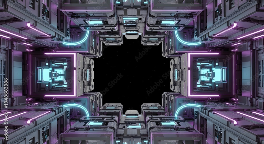 Fototapeta premium Futuristic sci fi corridor with glowing neon lights and geometric structure