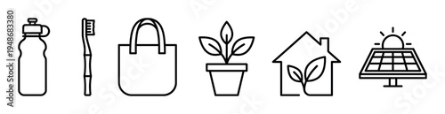 Collection of black outline icons representing sustainable living, environmental protection, and eco-friendly products for a green lifestyle.