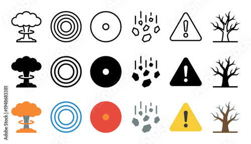 Comprehensive set of icons illustrating various natural disasters, environmental warnings, and hazardous situations.