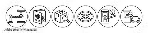 Collection of line icons representing various aspects of border control, customs inspection, and travel regulations.