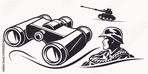 a soldier uses binoculars to spot a tank Vector