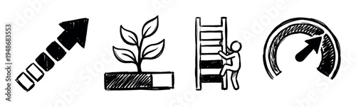 Set of hand-drawn doodle icons representing business growth, personal development, progress, and performance metrics.
