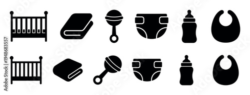 Collection of essential baby care items including a crib, blanket, rattle, diaper, bottle, and bib are presented as black silhouette icons.