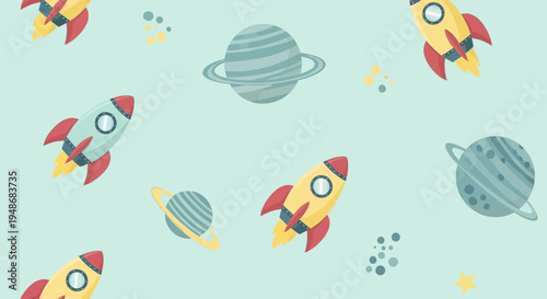 Vector illustration of cartoon rockets and planets seamless pattern