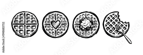 Hand-drawn sketch illustration of various round waffles, including plain, heart-shaped, berry-topped, and partially eaten designs.