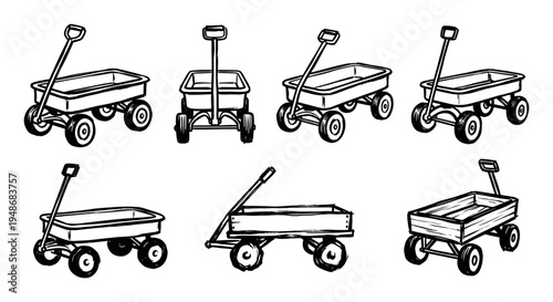 Hand-drawn sketch illustration set featuring multiple perspectives of a classic child's toy wagon with a pull handle.
