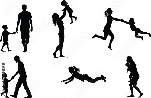 Silhouette illustration of adults and children bonding through playful poses, lifting, spinning, holding hands, and embracing, representing family love, parenting, and childhood development artwork
