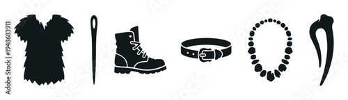 Collection of primitive-style clothing and accessories including a fur garment, needle, boot, belt, necklace, and hair ornament.