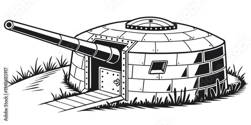 a stone bunker with a large gun protruding from it Vector