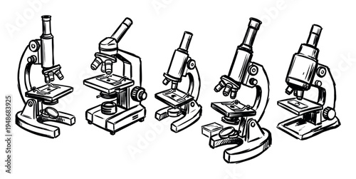Five hand-drawn scientific microscopes in a row, illustrating various designs for laboratory research and education.