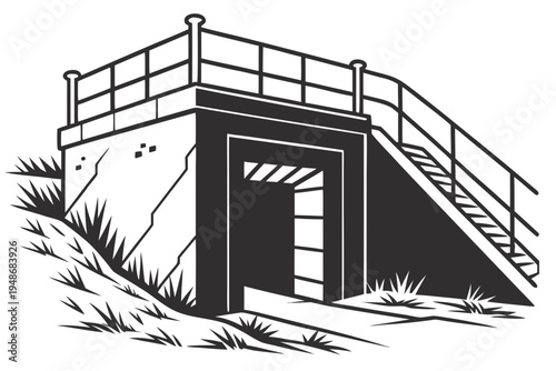 a small building with a staircase and railing Vector