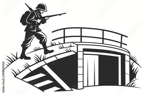 soldier walking up stairs to bunker Vector