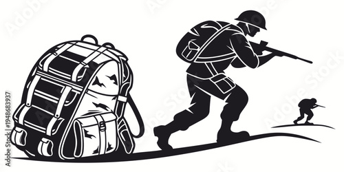 soldier with backpack and dog on a mission Vector