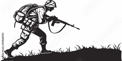 soldier in combat gear with rifle on a grassy hill Vector