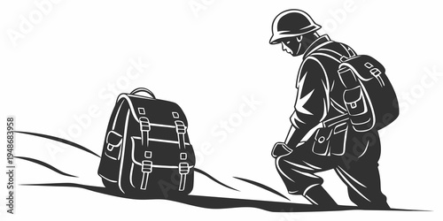 a soldier crouches next to a backpack Vector