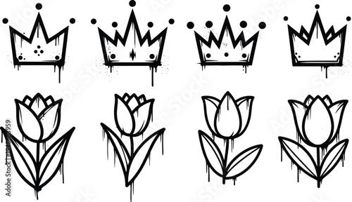 Hand drawn speech bubble illustratioHand drawn crown and tulip flower illustration set in grunge dripping sketch style decorative elements isolated on white backgroundHand drawn crown and tulip flower