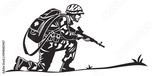 soldier in combat gear kneeling and aiming a rifle Vector