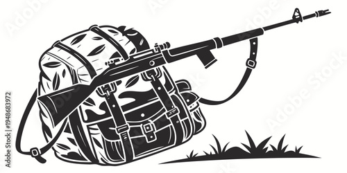a backpack and rifle sitting on the ground Vector