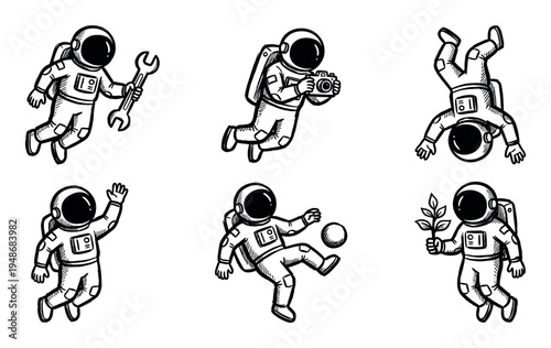 Cartoon astronauts in various poses, including holding a wrench, taking a photo, playing soccer, and holding a plant, representing different activities in space.