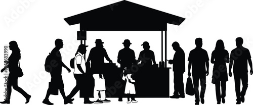 Silhouette illustration of busy outdoor marketplace with vendors, stall, shoppers, and social interaction, representing commerce, cultural exchange, retail business, and community gathering artwork