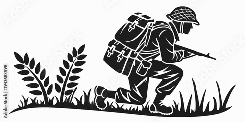 soldier kneeling in grass with rifle and backpack Vector