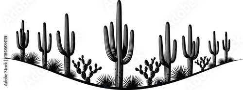 Silhouette illustration of desert landscape with saguaro, prickly pear, and agave cacti, representing arid region flora, botanical artwork, nature design, and southwestern scenery