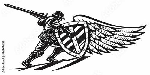 knight in armor holding a shield and sword with wings Vector