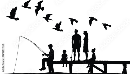 Silhouette illustration of family and children on wooden dock with fishing rod, birds flying, outdoor leisure scene representing nature, bonding, and peaceful lifestyle artwork