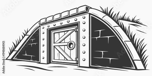 a large metal bunker with a door and grass Vector